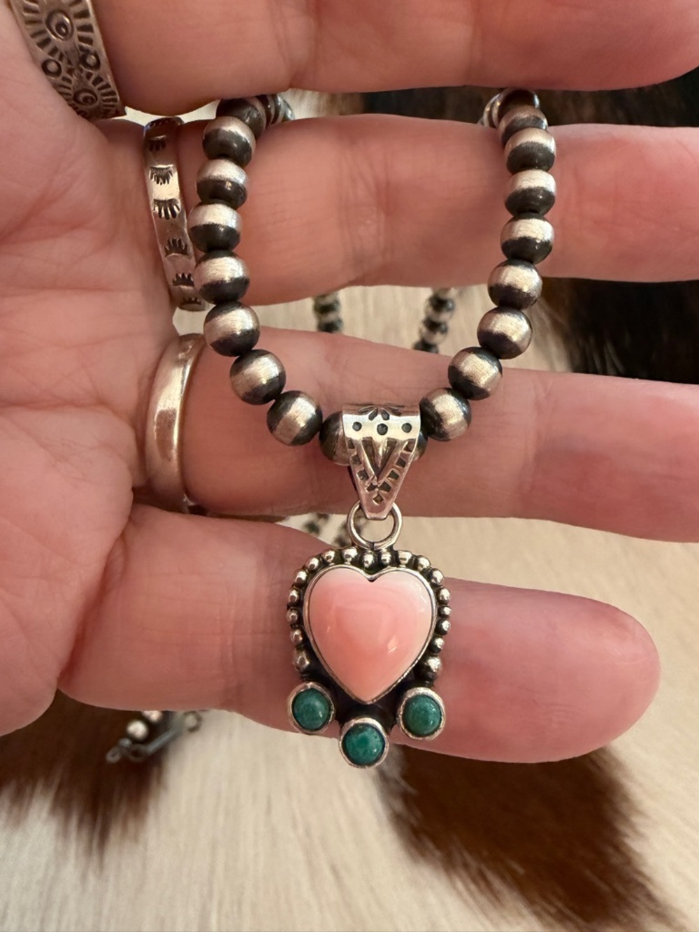 ❤️ Queen Pink Conch & Kingman Turquoise Navajo Style Sterling Silver Pendant